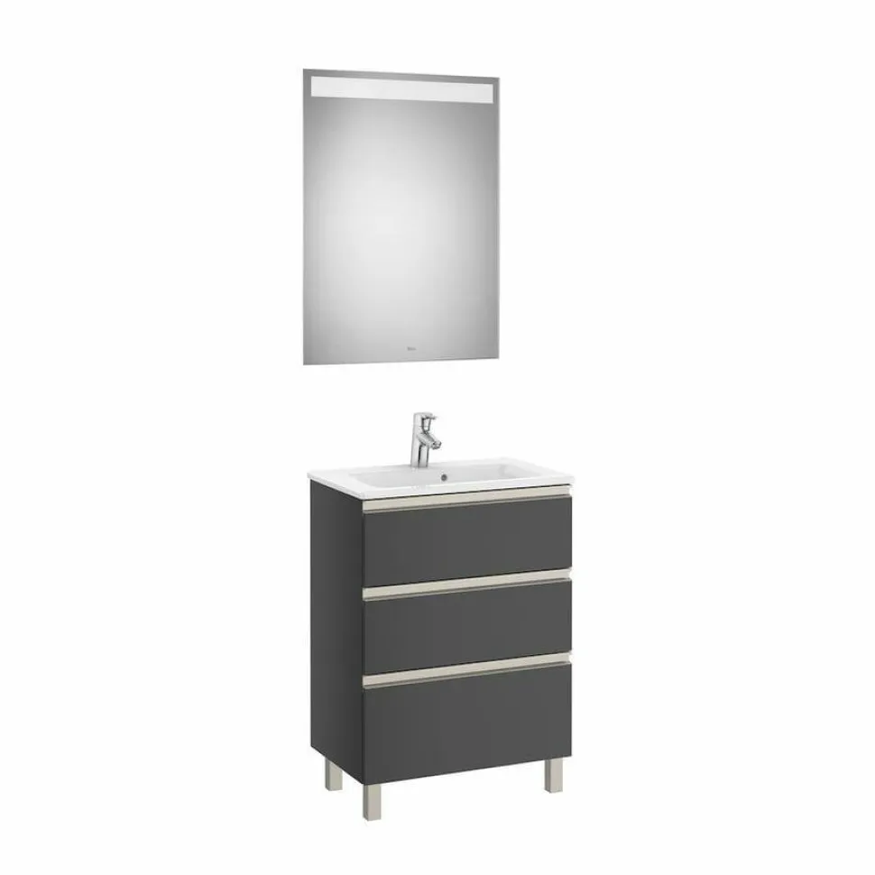 Conjunto Pack Mueble Base Compacto De Tres Cajones, Lavabo Y Espejo LED – The Gap – Roca
