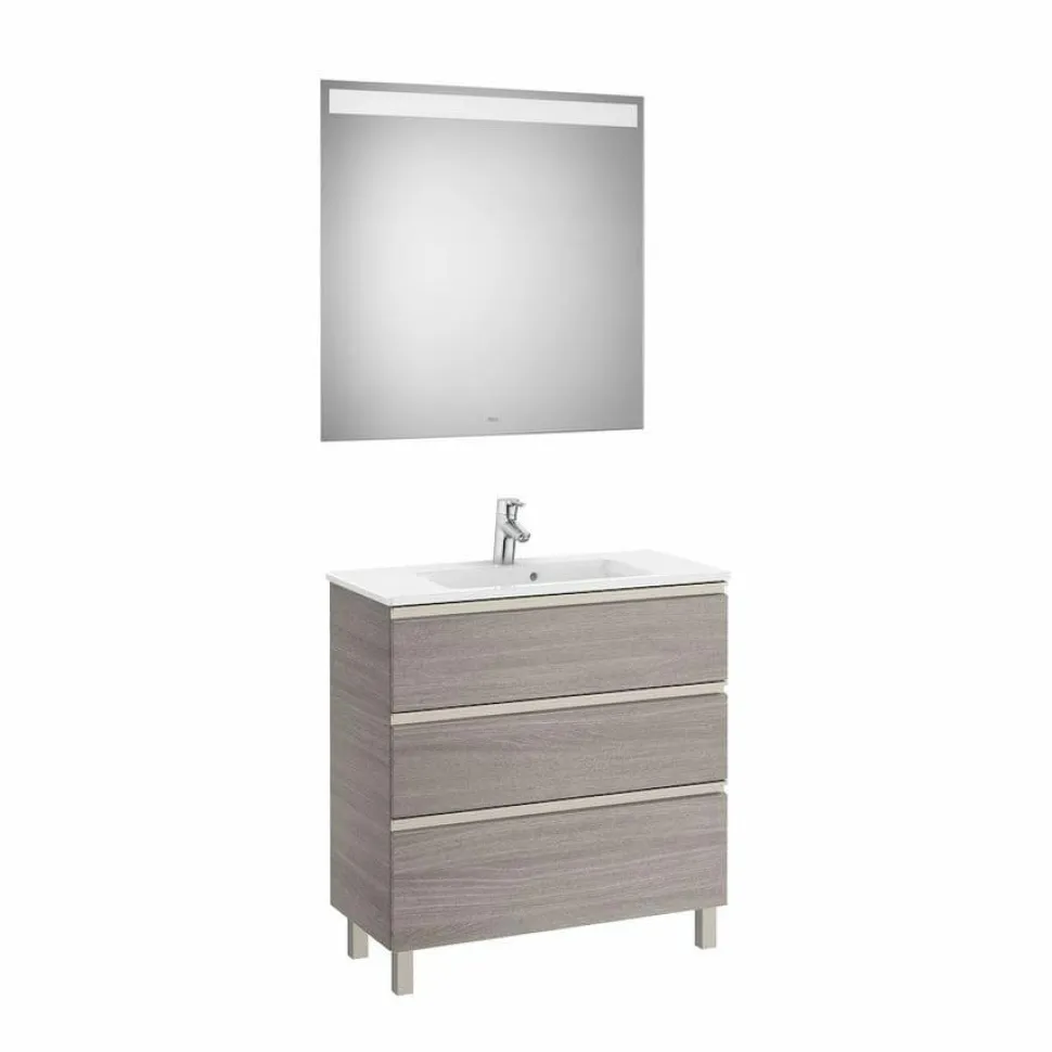 Conjunto Pack Mueble Base Compacto De Tres Cajones, Lavabo Y Espejo LED – The Gap – Roca
