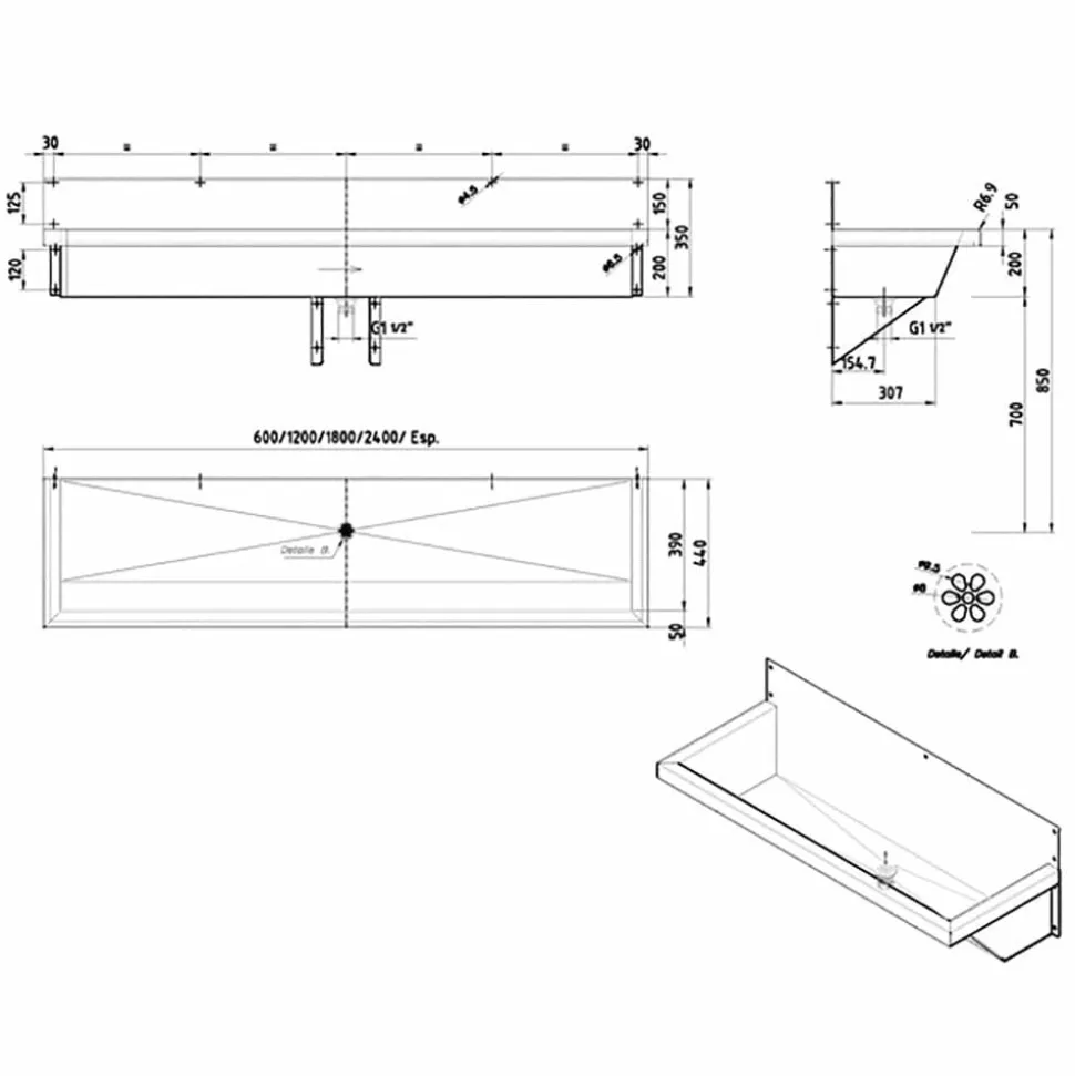 Lavabo Industrial Prestosan Inox Multiple 1800 Mm Con Repisa Sin Taladro – PrestoEquip – 88877