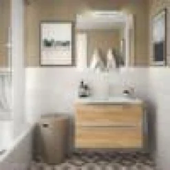 Mueble Suspendido 2 Cajones 70 Cm Con Tirador En Cromo Y Lavabo Porcelana – Spirit – Salgar