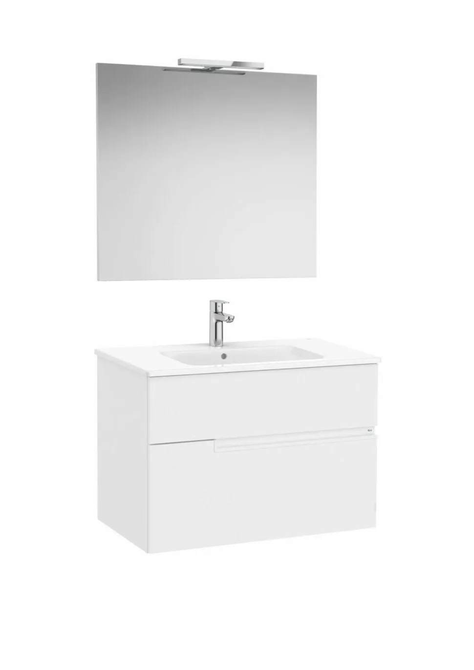 Pack – Conjunto De Mueble Base De Dos Cajones, Lavabo Y Espejo Luna Con Aplique LED Starlight – Victoria-N – Roca